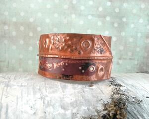 Very rustic fold formed copper cuff bracelet with braille "I am enough" Contracted Grade 2 Braille Perkins E-Z Read Slate.